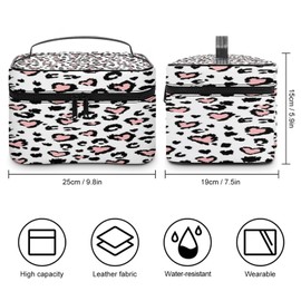 Xmkltbz Large Women Wash Bag, Cosmetic Organizer Train Toiletry Storage Case Holder Zipper Makeup Bag Pouch 9.8x7.5x5.9 in Print Leopard Jaguar Skin with Pink Hearts Black Spots Animal Print