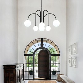 Modern Black Chandelier 6 Lights Sputnik Chandeliers for Dining Room Mid Century Pendant Light Fixtures Ceiling Hanging Lighting with Milk Glass Globe Shades for Foyer Living Room Kitchen Island