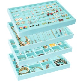 UIUIX Stackable Velvet Jewelry Trays Organizer for Drawer, Velvet Jewelry Storage Display Trays, Earring Necklace Bracelet Ring Organizer, Set of 4 (Blue)