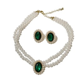 fdsmall Wedding Suite Beads Choker Necklace 2 Rows Choker Simulated Pearl Rhodium Plated Elegance Charm Women's Necklace Multi Layer Choker Pearl Earrings with Crystal Necklace Earring Set for Wedding