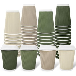 Whaline 100Pcs Nude Sage Green Disposable Coffee Cups with Lids 12oz Milky White Brown Green Paper Cups Corrugated Ripple Wall Insulated Hot Cups for Home Office Party Supplies