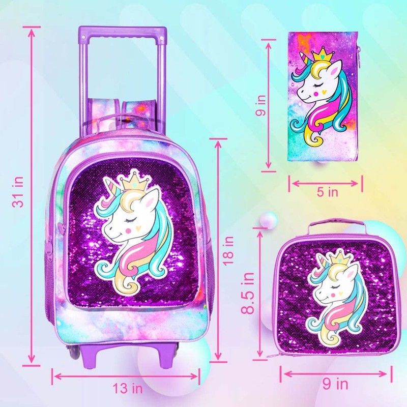 FTJCF 3Pcs Rolling Backpack for Girls, Kids Unicorn Roller Bookbag