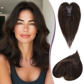 RUWISS Hair Toppers for Women Real Human Hair - Lightweight Clip-in Hair Piece for Thinning Hair, Fluffy Straight Hair Topper without/with Bangs, Dark Brown with 15% Dark Cocoa Blonde