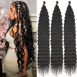 Mscat Deep Wave Curly Crochet Hair 30inch 3packs Curly Braiding Hair Extensions Ocean Wave Crochet Hair for Black Women Braiding Hair Curly Crochet Hair for Boho Braids 1B#