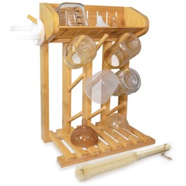 AKS B2C Bamboo Baby Bottle Drying Rack, Vertical Space Saving Kitchen Organizer, 9 Bottle Capacity, Countertop Storage Holder and Bottle Dryer with Draining Base (Comes with a Free Cleaning Brush)