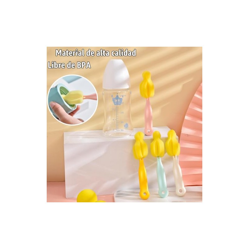 4 cepillos para biberones + 4 cepillos para tetinas, esponja,
