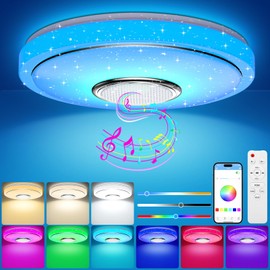 OGVDOE LED Ceiling Light Dimmable 48 W LED RGB Ceiling Light Diameter 30 cm Bathroom Lamp Bathroom Lamp with Bluetooth Speaker Remote Control and App Control for Children's Room Bedroom Living Room