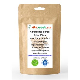 Cordyceps sinensis 700 mg - 540 capsules - vegan - mushroom powder from mycelium - vital mushroom 2100 mg per day - Vitascout - laboratory tested in Germany