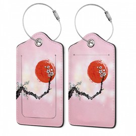 Set of 2 Luggage Tags,Red Sun,White Cherry Blossoms Leather Suitcases Tag Identifiers with Privacy Name Address Labels & Durable Steel Loop for Women Men Travel