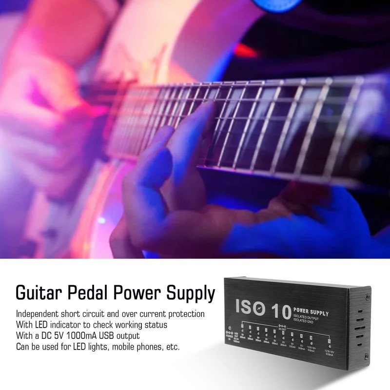 Guitar Pedal Power Supply, 10 Isolated Output Pedalboard Power Supply,