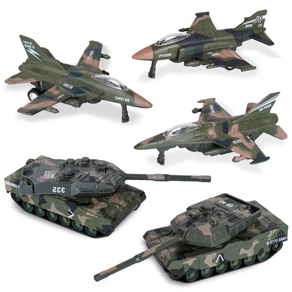Crelloci Diecast Fighter Jet Toy Tank 5PCS Set-Pull Back Army Military Toys Metal Vehicles Airplanes Playset Plane Camouflage Air Force for Kids Boys Girls