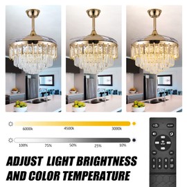 42 Inch Chandelier Ceiling Fan Modern Crystal Ceiling Fan with Lights Remote Control 6 Speed 3 Color Dimmable Silent Luxury Fandelier with Retractable Blades for Living Room Bedroom Decoration Gold