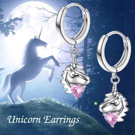 POPLYKE S925 Sterling Silver Unicorn Hoop Earrings Unicorn Dangle Earrings Hypoallergenic Pink Unicorn Earrings for Women Girls Birthday Gifts