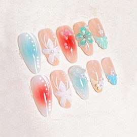 24Pcs Summer Press on Nails Medium Almond Fake Nails with Butterfly Pearl Designs 3D Starfish Stick on Nails Beach Waves False Nails Cute Flower Acrylic Nails Blue French Tip Glue on Nails for Women