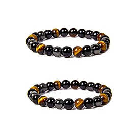 2pcs Healing Chakra Bead Bracelet Protection Obsidian Bracelet Black Stone Bracelet Lava Stone Bracelet Onyx Natural Stone Beads Tiger's Eye Stone Ball Bracelet 8 mm for Happiness Prosperity Men