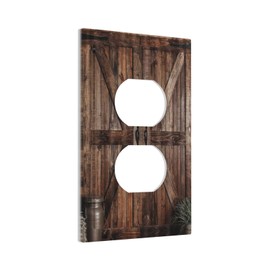 Sghxwp Rustic Vintage Brown Wooden Board Barn Door 1 Gang Duplex Outlet Covers Decorative Wall Plate Country Farmhouse Wood Garage Gate Single Light Switch Cover Electrical Switchplate for Bathroom