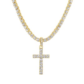 Iced Out Cross Pendant on Tennis Chain for Men or Women - Bling'ed Out Hip Hop Jewelry on Blast! - Gold or Silver and Size Your Choice - TN001 (18", Cross Gold)