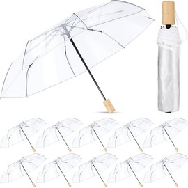 Sanwuta 12 Pcs Transparent Folding Umbrella Full Automatic Clear Foldable Auto Open Close Umbrellas for Rain Wedding (Wood Color)