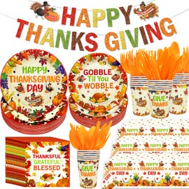 188Pcs Thanksgiving Party Supplies Happy Thanksgiving Banner Thanksgiving Table Decorations Thanksgiving Plates and Napkins Sets Thanksgiving Plates Disposable Dinnerware for Thanksgiving Decorations