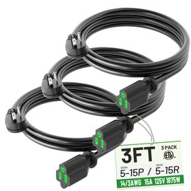 POWGRN 3 Pack 3 Foot Flat Plug Extension Cord Black, 14/3 Gauge Indoor Short Extension Cable, 15A 1875W 125V 14AWG, 3 Prong Low Profile Power Cord, ETL Listed