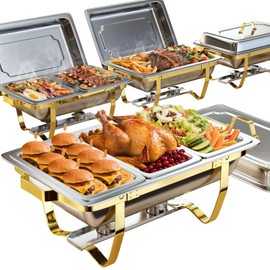 Chafing Dishes for Buffet 4 Pack 7pan, 9QT [Elegant Gold and Silver Colors] Stainless Steel Chafing Dish Buffet Set [Sturdy and High Grade] Chafers and Buffet Warmers Sets
