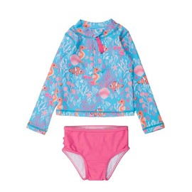 RuffleButts Baby/Toddler Girls Long Sleeve Rash Guard 2 Piece Swimsuit Set w/UPF 50+ Sun Protection with Zipper - Ocean Tides, 18-24m