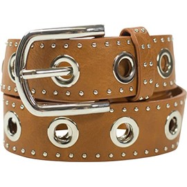 fashionchimp Women's Belt with XXL Eyelets and Rivet Trim, Belt in Vintage Look, Denim Belt, Width Approx. 3.5 cm, Cognac