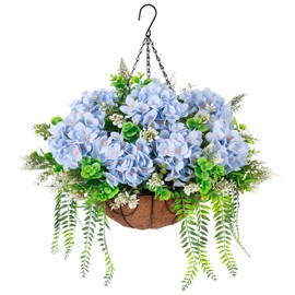 Ammyoo Artificial Flowers in Hanging Basket Planter for Home Spring Summer Decoration, Silk Hydrangea Outdoor Indoor Arrangements, 12" Metal Coconut Lining Basket with Faux Plant(Blue)