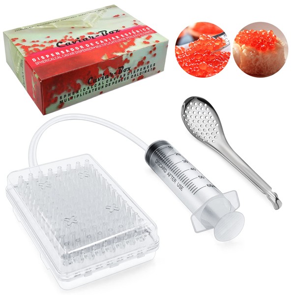 Caviar Maker Box, Spherical Caviar Dispenser Rapid Popping Boba Molecular Gastronomy Kit with Caviar Spoons, Suction Tray & Syringe