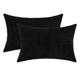 HWY 50 Black Corduroy Patchwork Throw Pillow Covers 12x20 Inch Rectangle, Set of 2, Soft Cozy Textured Decorative Cushion Cases for Couch Sofa Bed Living Room, Boho Striped Home Decor
