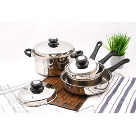 Tuxton Home Reno 7 Piece Cookware Set; Stainless Steel, PFTE & PFOA Free, Freezer to Oven Safe, Induction Compatible; 1QT & 2QT Saucepans, 5QT Dutch Oven, 10" Open Frypan