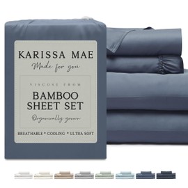 KARISSA MAE Cooling Bamboo Viscose Queen Size Sheet Set | 100% Organically Grown | 18” Deep Pocket | Silky, Soft, & Hypoallergenic | with Organizer Band & Elastic Corner Straps [Slate Blue]