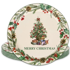 Whaline Christmas Paper Plates Christmas Tree Disposable Plates Mistletoe Wreath Xmas Dinnerware Plates Set 9 Inch for Winter Holiday Party Supplies Table Decor, 24Pcs