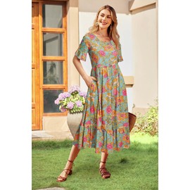 STYLEWORD Women's Summer 2025 Casual Short Sleeve Tiered Flowy Spring Dress Long Midi Beach Sundress Vacation Outfits(Floral25,L)