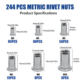 SAE & Metric Stainless Steel Rivet Nut Kits, JROUTH 380pcs Rivnuts & Nutsert Assortment, Sizes 8-32 10-24 1/4"-20 3/8"-16 5/16"-18 M3 M4 M5 M6 M8 M10