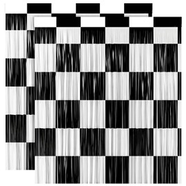 2Pcs Checkered Backdrop- Black White Checkered Backdrop Foil Streamer 1x 2m