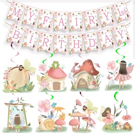 My Fairy First Birthday Decorations Banner Hanging Swirls, Flower Fairy Themed Birthday Party Decorations , Mushroom Fairy Decor Flower Fairy Birthday Party Decorations Supplies