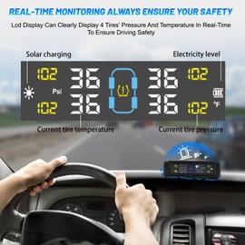Tire Pressure Monitoring System with 4 External sensors, TPMS Tire Pressure Monitor System & 6 Alarm Modes, Solar & USB Charge, Easy to Install, LCD Real-time Display, Auto Sleep Mode
