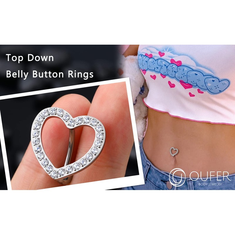 OUFER Titanium Belly Button Rings, Heart Shaped Top-Down Belly Ring,
