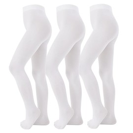 MANZI 3 Pairs Footed Girls Tights for Ballet Dance School Age 4-6 White Medium