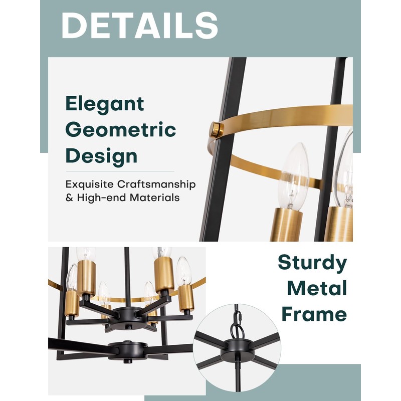 JHLBYL Black and Gold Chandelier: 6-Light Geometric with Reinforced Center