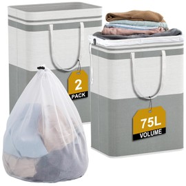 75L Laundry Basket 2-Pack, Freestanding＆Collapsible Clothes Hamper, Waterproof, Tall Design with Handles, Ideal for Dorm, Family and Storage Grey