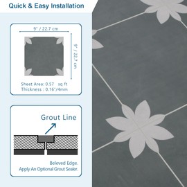 Inno Stickers Peel and Stick Floor and Wall Tile for Bathroom Kitchen SPC Vinyl Self Adhesive Flooring Tile 9x9In Gray Flower Encaustic Patterned Groutble Backsplash Tile, 16 Tiles, 9.12 Sq Ft.