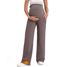 G4Free Maternity Pants with Pockets Fleece Lined Over The Belly Workout Pregnancy Wide Leg Yoga Sweat Pants for Business Casual(Taupe,M,30")