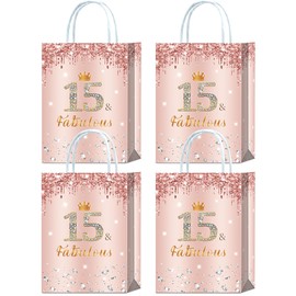 16 Pieces Rose Gold 15 & Fabulous 15th Birthday Party Favors Bags,Happy 15th Birthday Girl Gift Snacks Treat Candy Favors Bags with Handles for Girls 15th Birthday Party Decorations