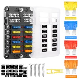 12-Way Blade Fuse, 12 V Fuse Holder, Car Fuse Box, 24 Fuses Waterproof Fuse Block with LED Display, Positive Negative for DC 12 V/24 V Car, Truck, Boat, Van, SUV, Marine Vehicle