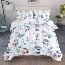 AILONEN Cartoon Shark Comforter Set Twin Size, Sharks Wearing Glasses and Swimming Rings Pattern Bedding Set for Kids Boys Girls,Soft Microfiber,3 Pieces,1 Quilt and 2 Pillowcases