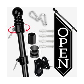 Open Flag with Pole Kit – 42x12 Inch Vertical Double-Sided Banner with 2.4FT Black Metal Pole and Wall Bracket – Storefront Sign for Business, Retail, Shops