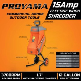 PROYAMA 15 - Amp Electric Wood Chipper, Corded Shredder with Collection Bag and Push Stick, Double Sided Blade System, Auto Shut - Off, 1.7 Inch Cutting Capacity for Leaves, Grass, Clippings