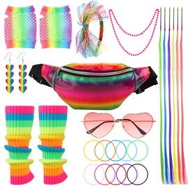 ViEinkaufen 21 Pcs 80s Accessories for Women,1980s Fancy Party Costume Set Including Leg Warmers Fishnet Gloves Necklace Bracelets Headband Earrings Sunglasses Bumbag,80s Outfit for Party Dress up